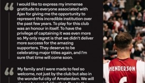亨德森告别信：为阿贾克斯效力是我的荣幸，遗憾未带来更多成功